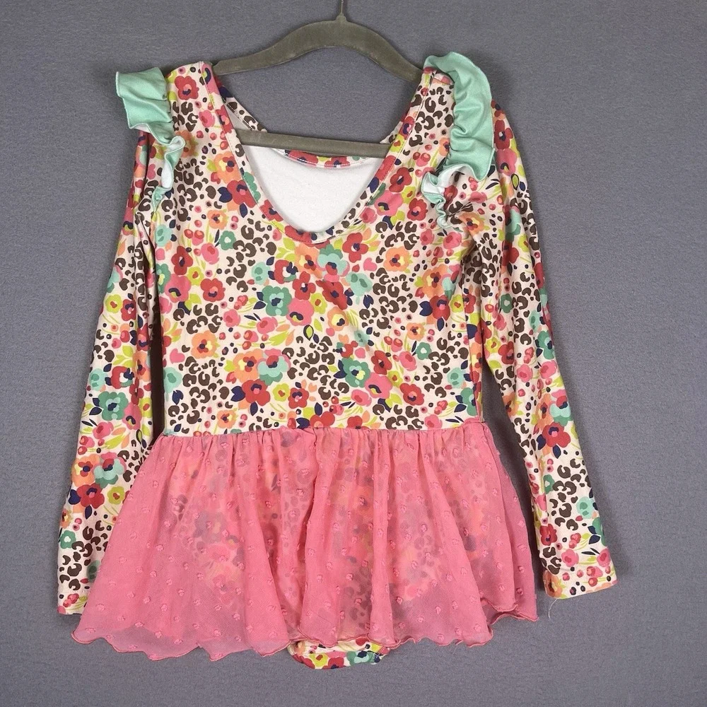 Cheeky Plum Girls Dance Leotard Dress 6Y Floral Ruffle Sleeve Ballet Tap Lyrical